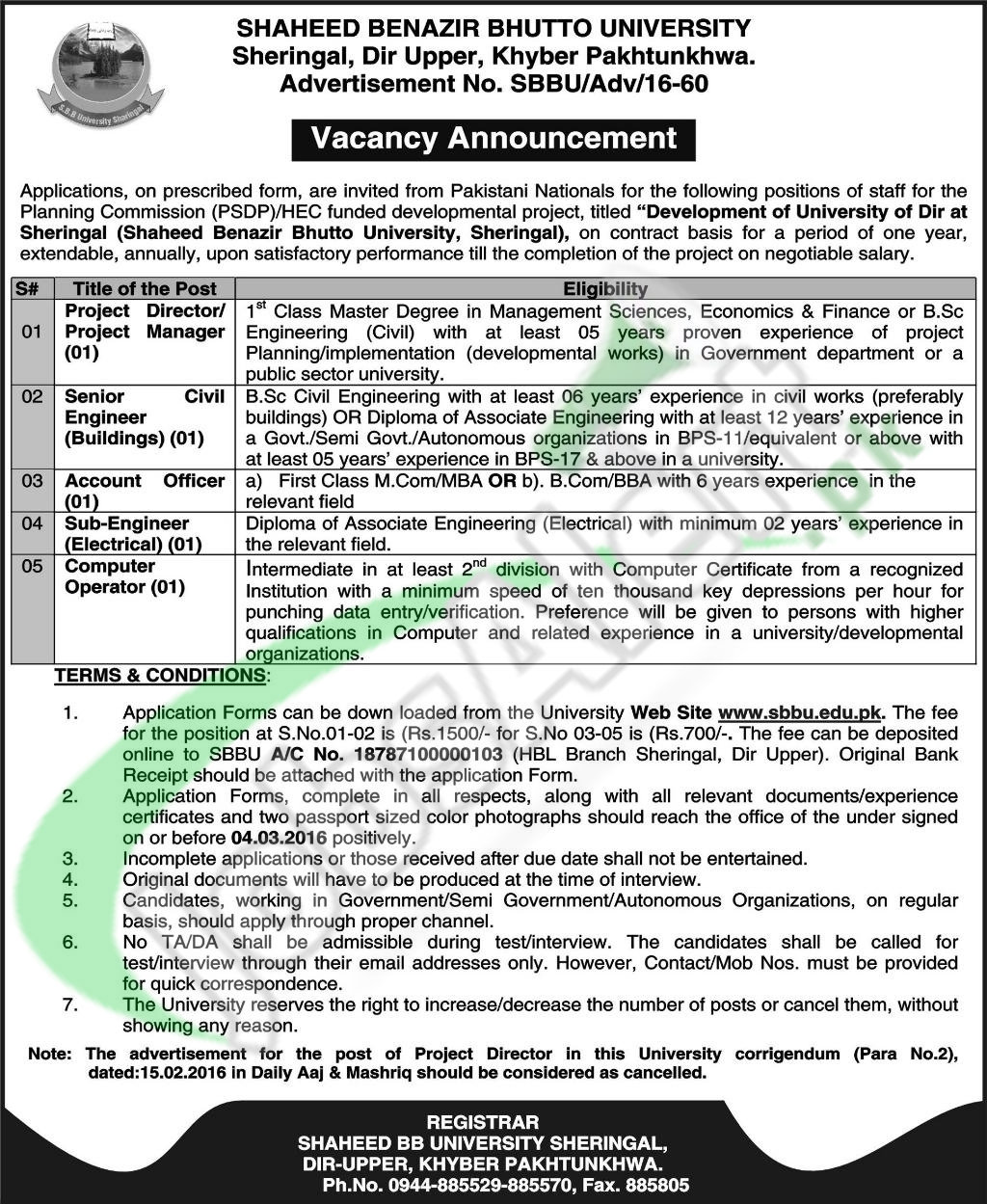 Situations Vacant in Shaheed Benazir Bhutto University 20 Feb 2016 KPK Latest Advertisement Application Form
