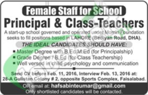 Employment Offers in Lahore For Principal and Class Teacher 09 February 2016