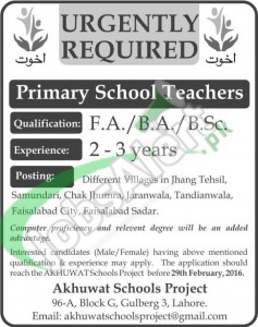 Situations Vacant for Primary School Teachers 24 Feb 2016 in Akhuwat School Project Lahore