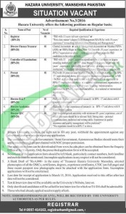 Situation Vacant in Hazara University 29 February 2016 Mansehra For Diretor QEC, Director, Registrar