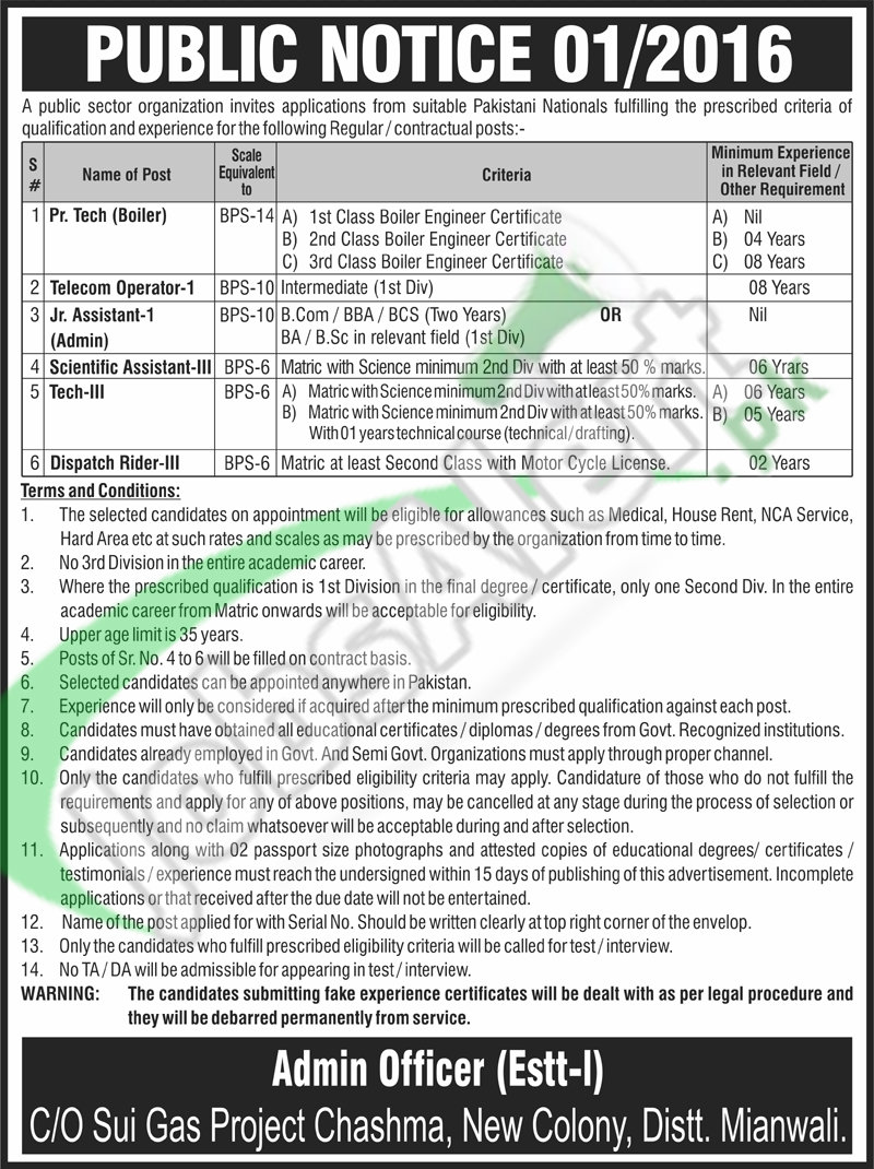 Recruitment Opportunities in Public Sector Sui Gas Jobs in Mianwali 2016 Career Opportunities