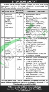 Situations Vacant in Al Noor Children School & College 25 Feb 2016 Multan Career Opportunities