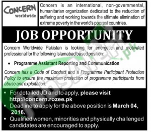 Situations Vacant in Concern International NGO Jobs 26 February 2016 For Program Asstt Communication & Reporting in Islamabad