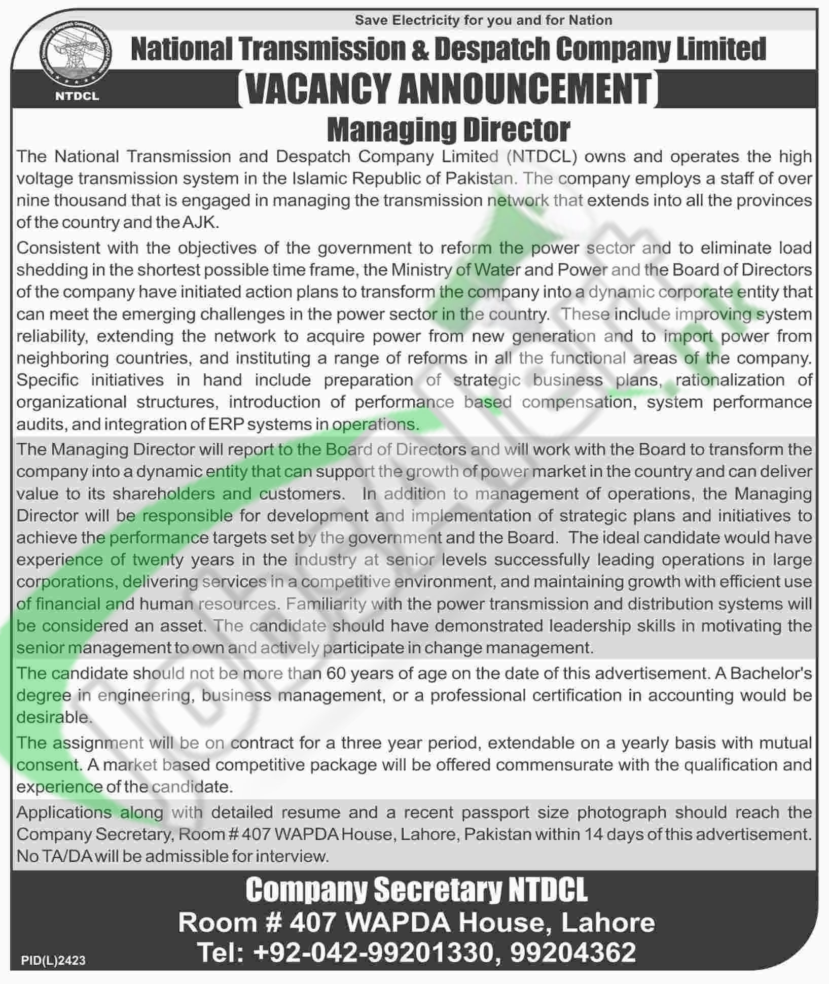 NTDCL Jobs in Lahore February 2016 For Managing Director Latest Advertisement