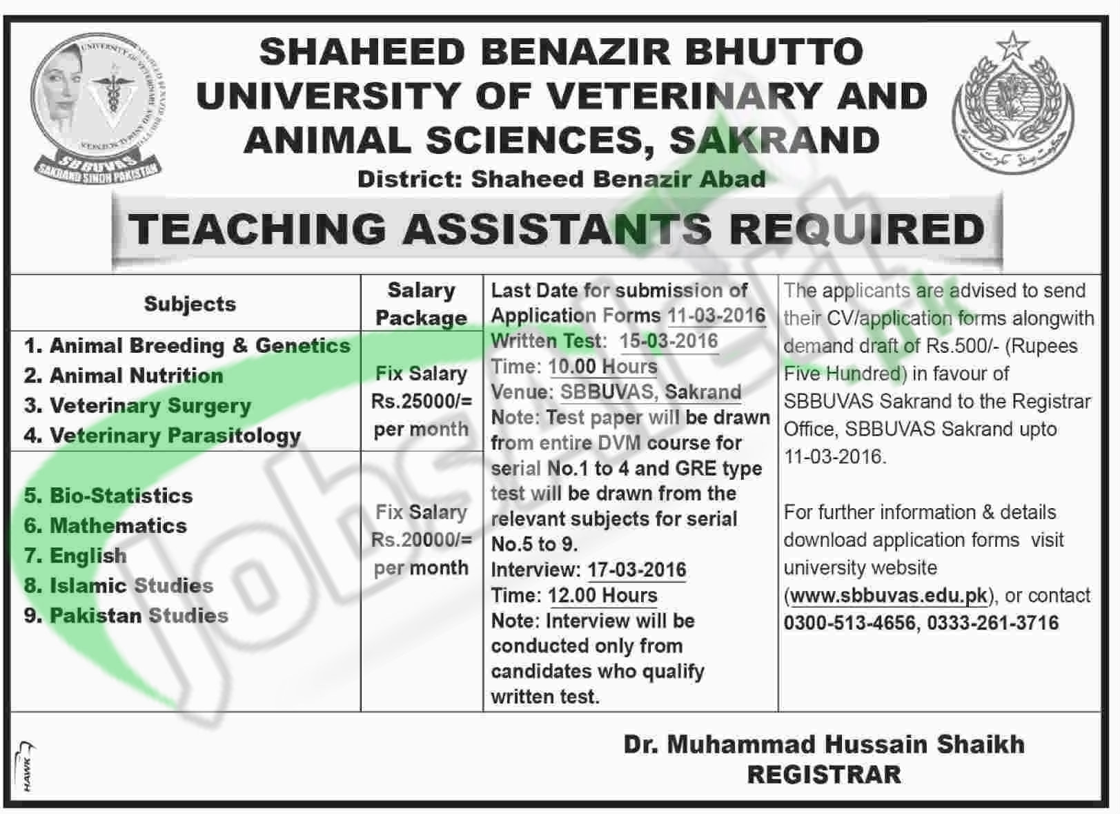 Employment Offers in SBB University of Veterinary & Animal Sciences 2016 Sakrand Application Form