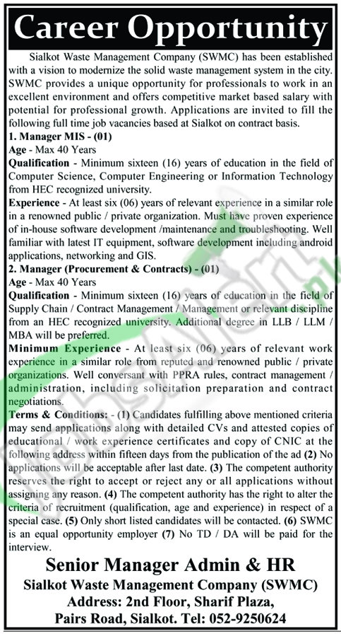 Situations Vacant in SWMC February/March 2016 For Manager in Sialkot