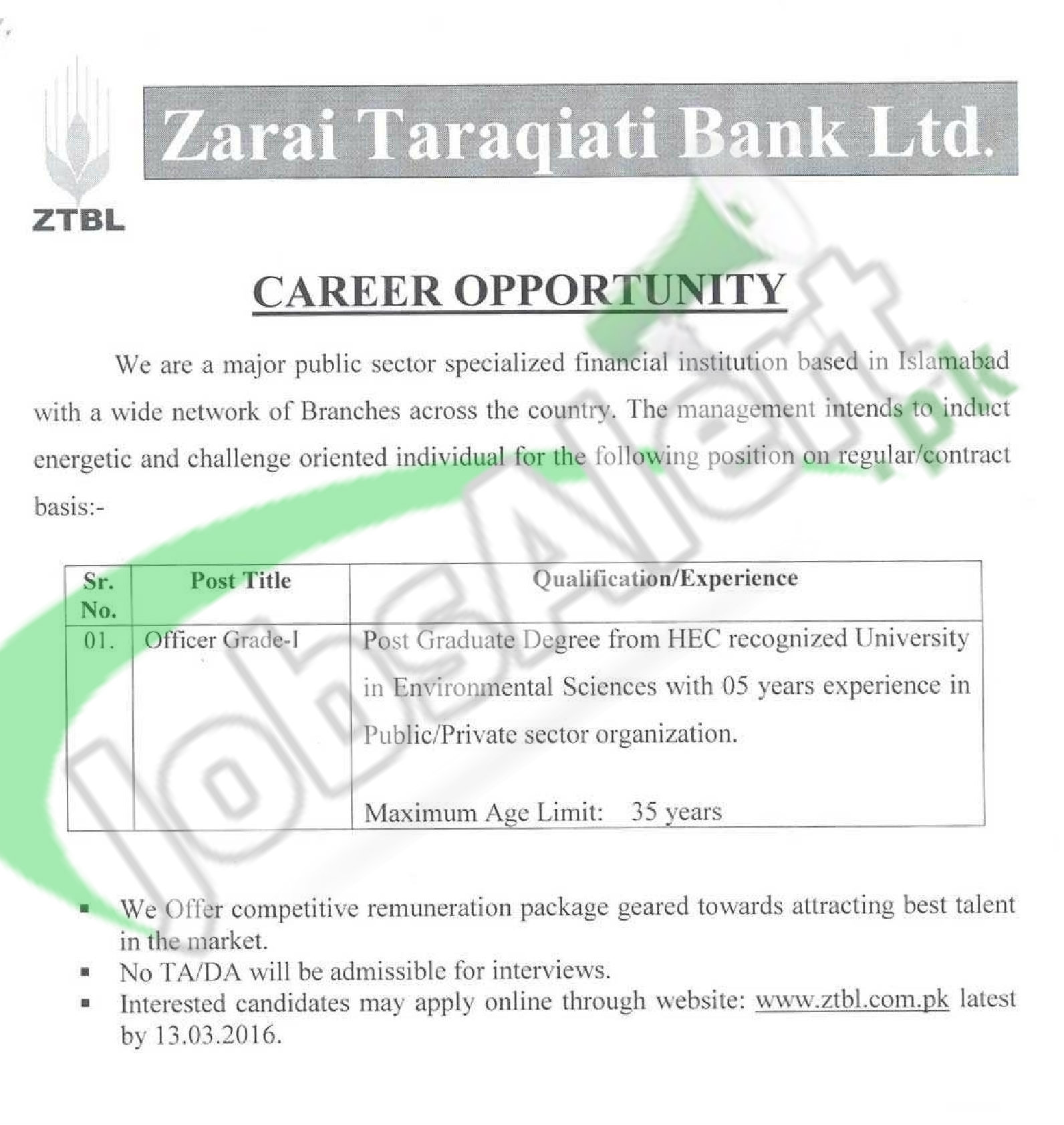 Situations Vacant in ZTBL 2016 in Islamabad Apply Online Last Date