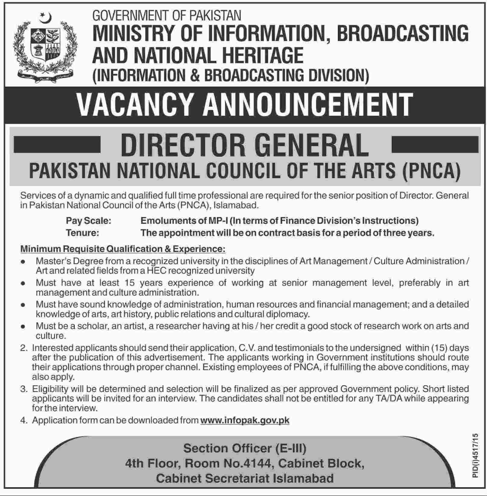 Ministry of Information Broadcasting and National Heritage Jobs