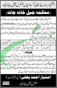 Central Jail Bahawalpur Jobs 19th April 2016 Latest Add