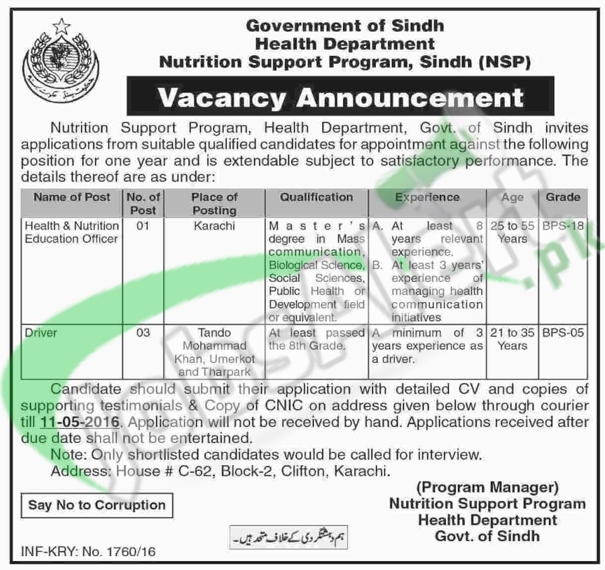 Situations Vacant in Nutrition Support Program Health Department Sindh Jobs 2016 Latest