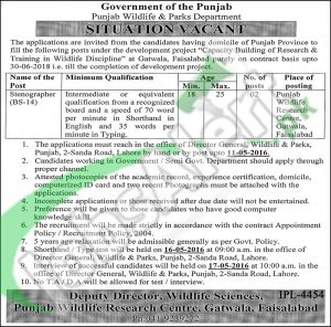 Punjab Wildlife & Parks Department April 2016 Jobs Latest Advertisement