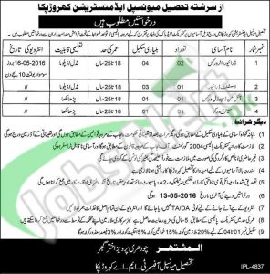 Situations Vacant in Tehsil Municipal Administration Kahror Pakka April 2016 For Driver Water Works Latest