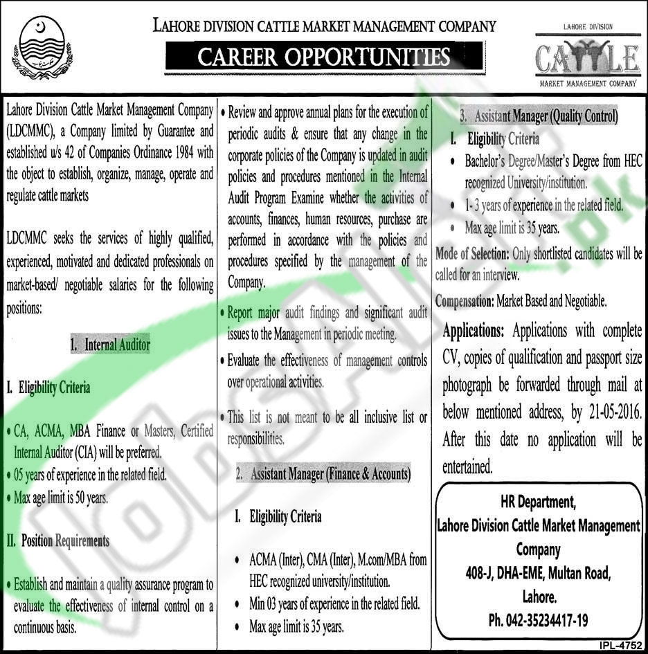 Career Offers in Lahore Division Cattle Market Management Company April 2016