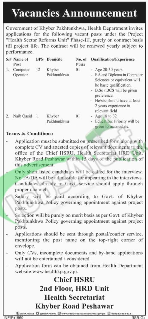 4th Kalimah Health Department KPK Jobs May 2020 For Computer Operator 