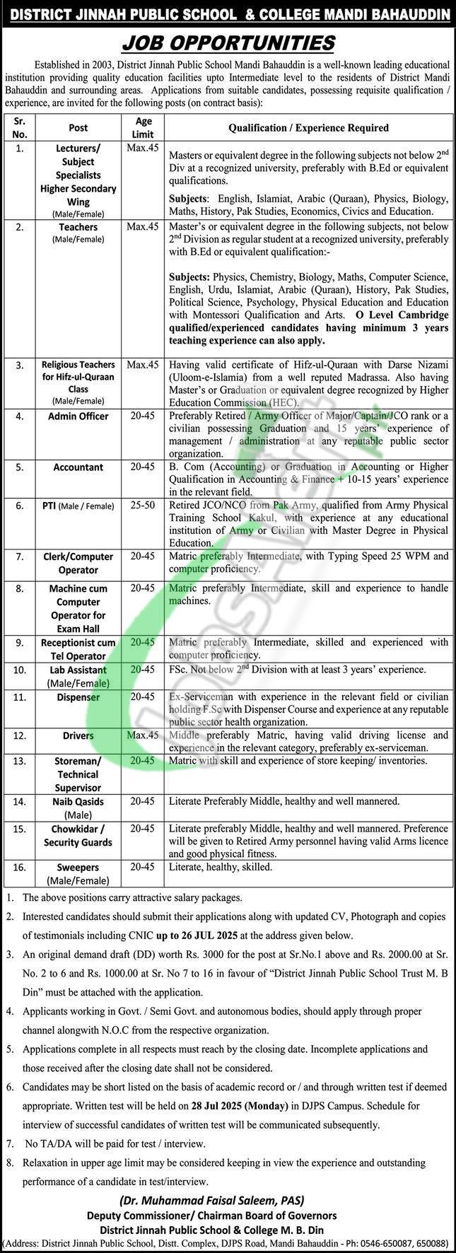 District Jinnah Public School Mandi Bahauddin Jobs