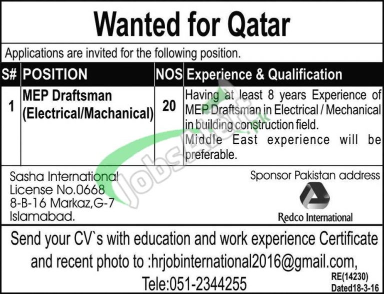 Draftsman Jobs in Qatar 2016 Redco International Advertisement Latest