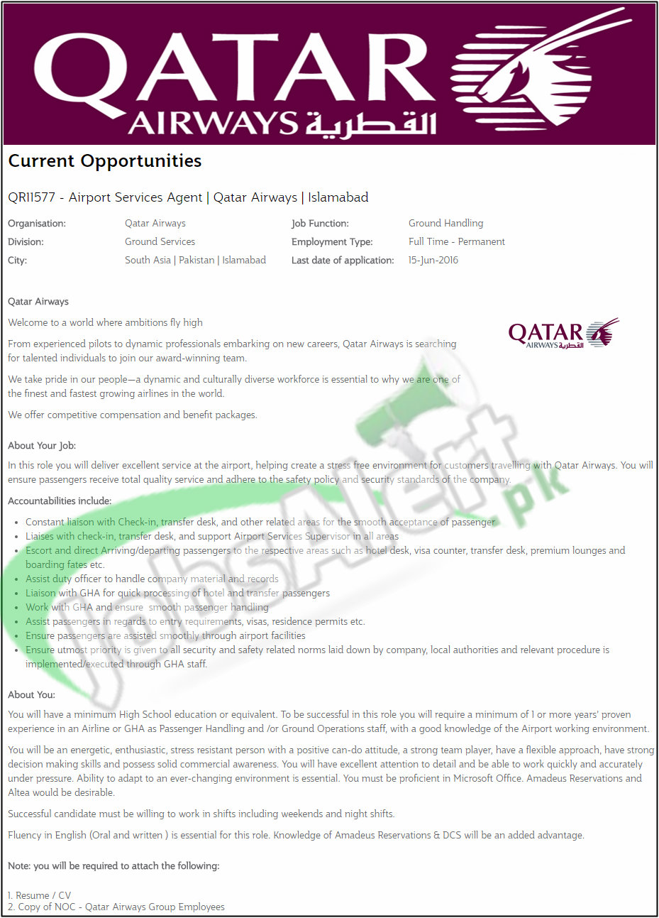 Jobs In Qatar Airways Pakistan 2016 Apply Online Latest Add