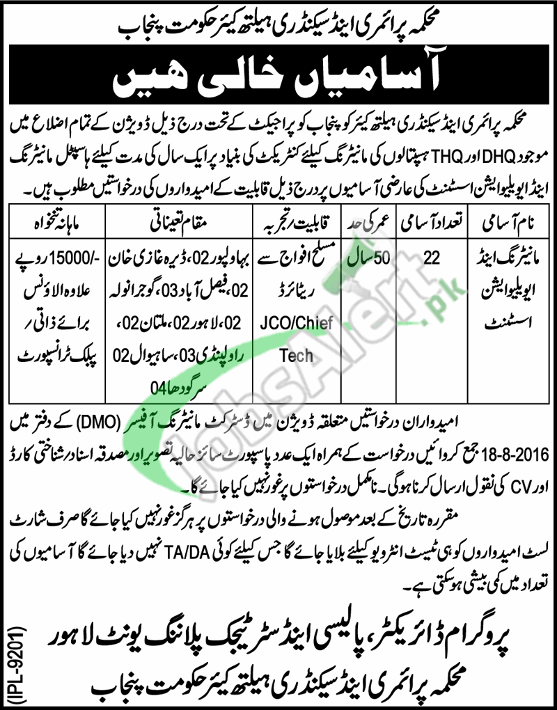 Jobs in Primary and Secondary Healthcare Department