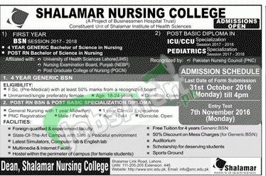 Shalamar Nursing College Lahore Admission