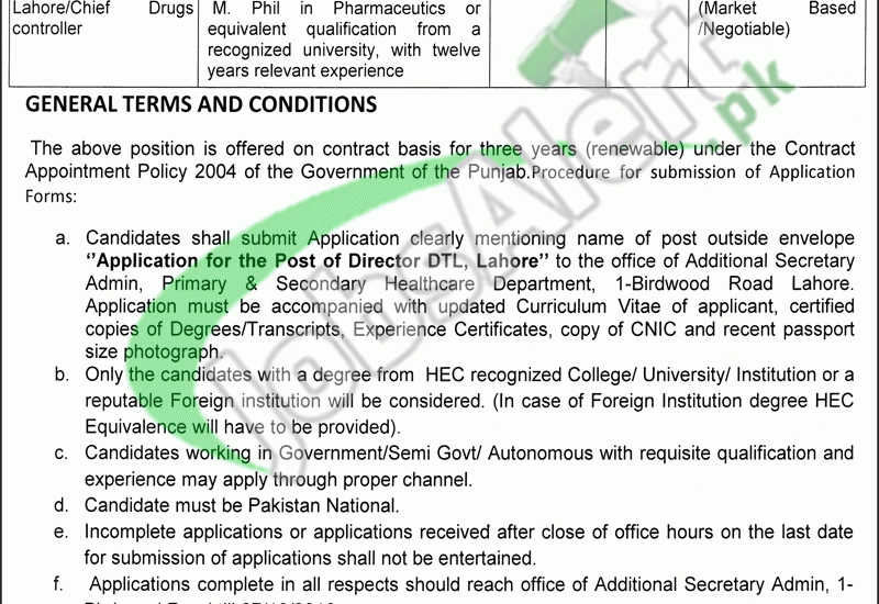 DTL Lahore Jobs 2016 Drug Testing Laboratory Latest Advertisement