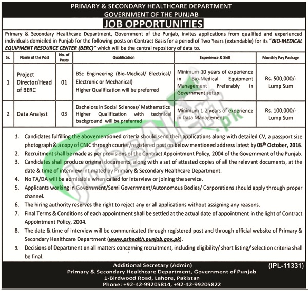 Jobs in Primary and Secondary Healthcare Department