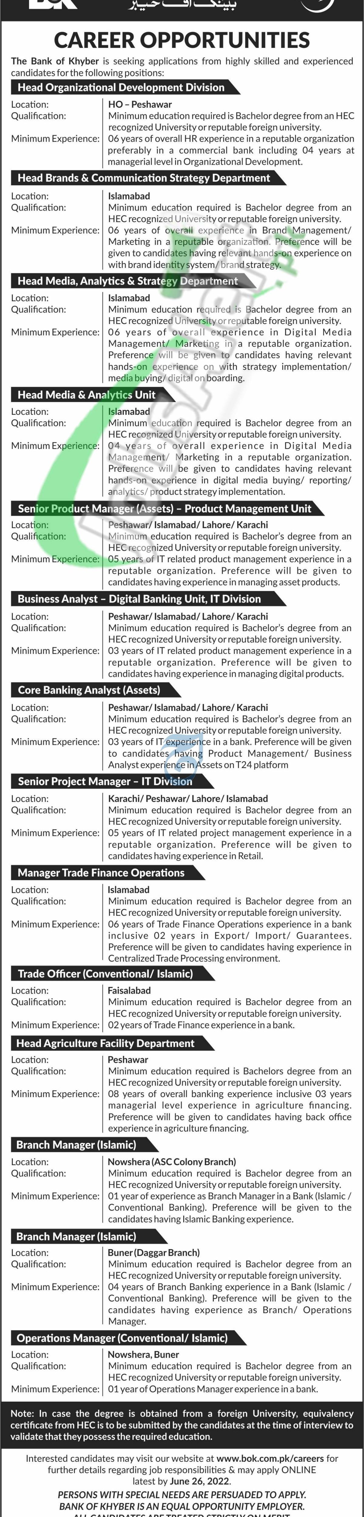 Bank of Khyber Jobs 2022 in Peshawar Islamabad Lahore Karachi Bank of Khyber Jobs