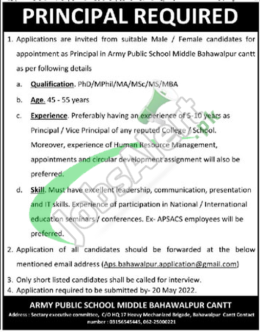 Army Public School Bahawalpur Jobs