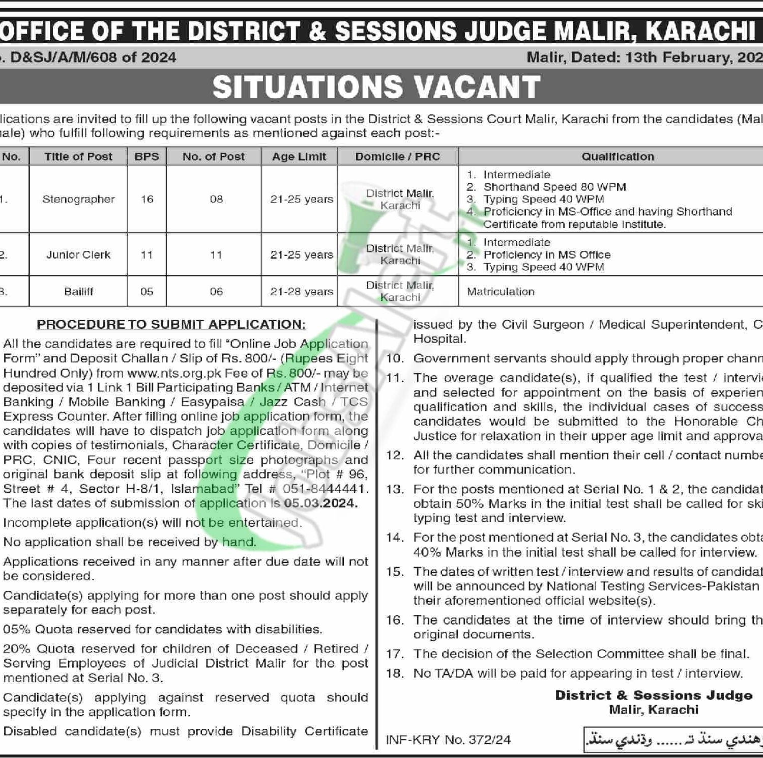 Session Court Malir Karachi Jobs
