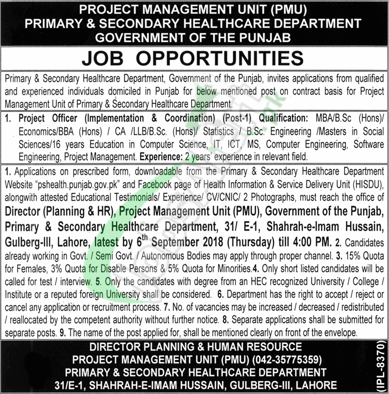 Primary and Secondary Healthcare Department Punjab Jobs 2018