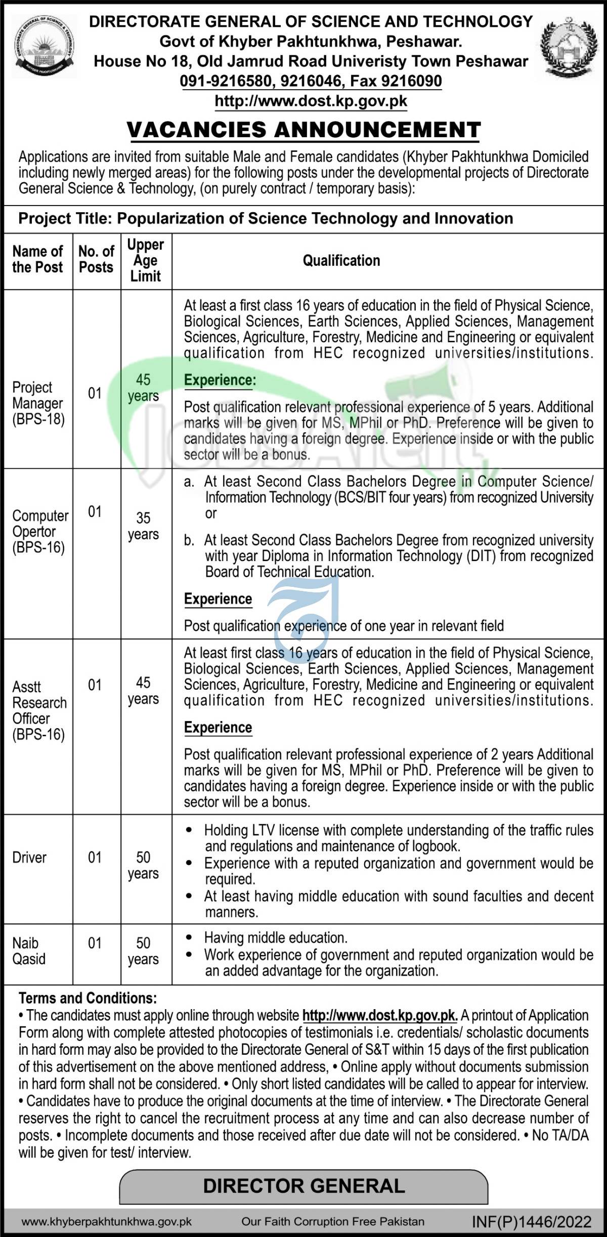 Directorate of Science & Technology Peshawar Jobs