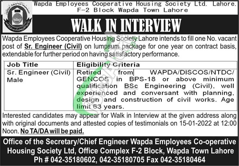 Wapda Employees Cooperative Housing Society Lahore Jobs
