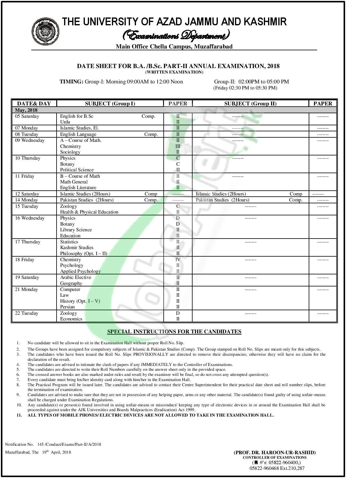 Ajk University Date Sheet 2020 Ba Bsc B Com Ma Msc