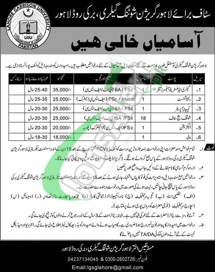 Lahore Garrison Shooting Gallery Jobs 2019 Current Openings