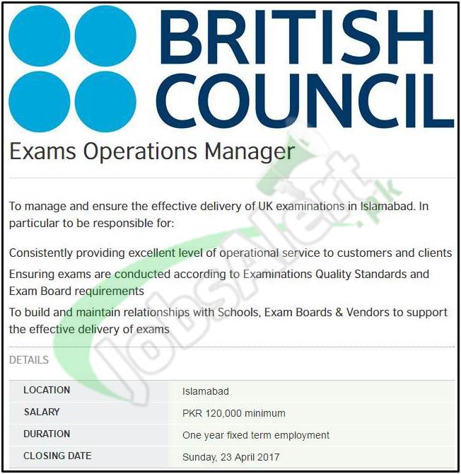 Jobs In British Council Islamabad 2017 For Exams Operations Manager