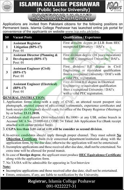 Islamia College Peshawar Jobs Application Form 2018