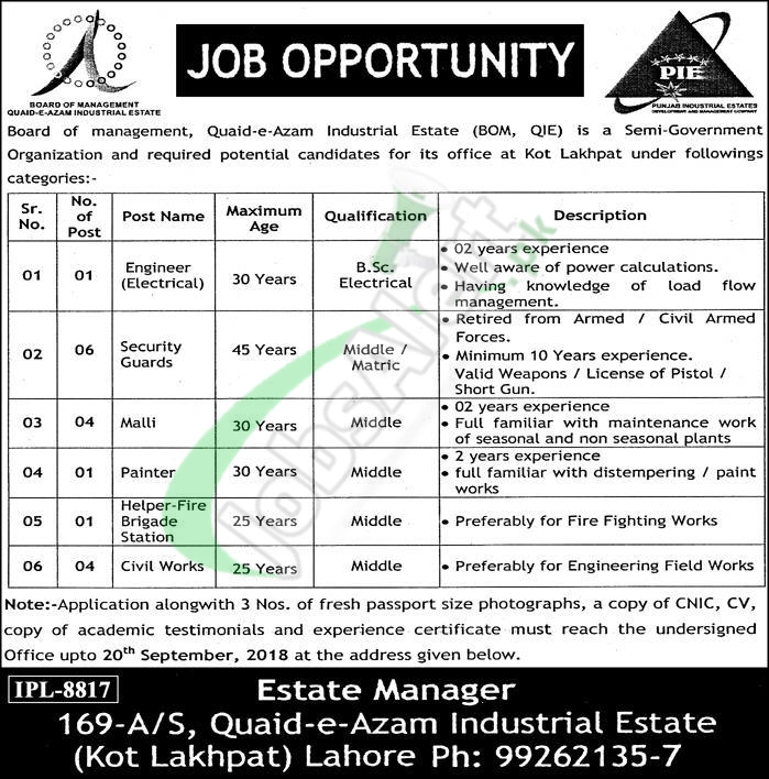 Board of Management Quaid-e-Azam Industrial Estate Kot Lakhpat Lahore Jobs