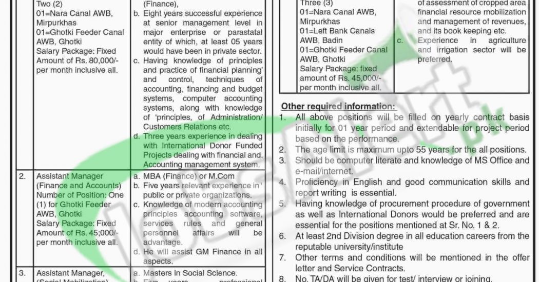 Jobs in Sindh Irrigation & Drainage Authority 2017 For G.Manager Latest