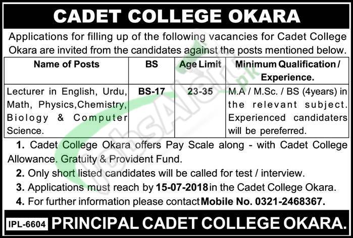 Cadet College Okara Jobs 2018