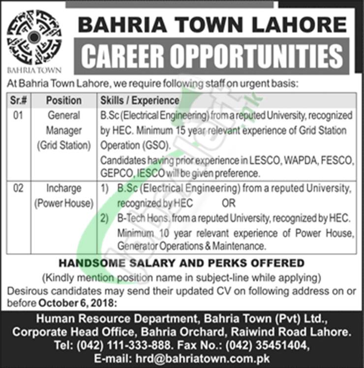 Bahria Town Lahore Jobs
