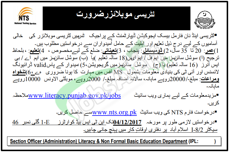 Literacy Department Punjab Jobs