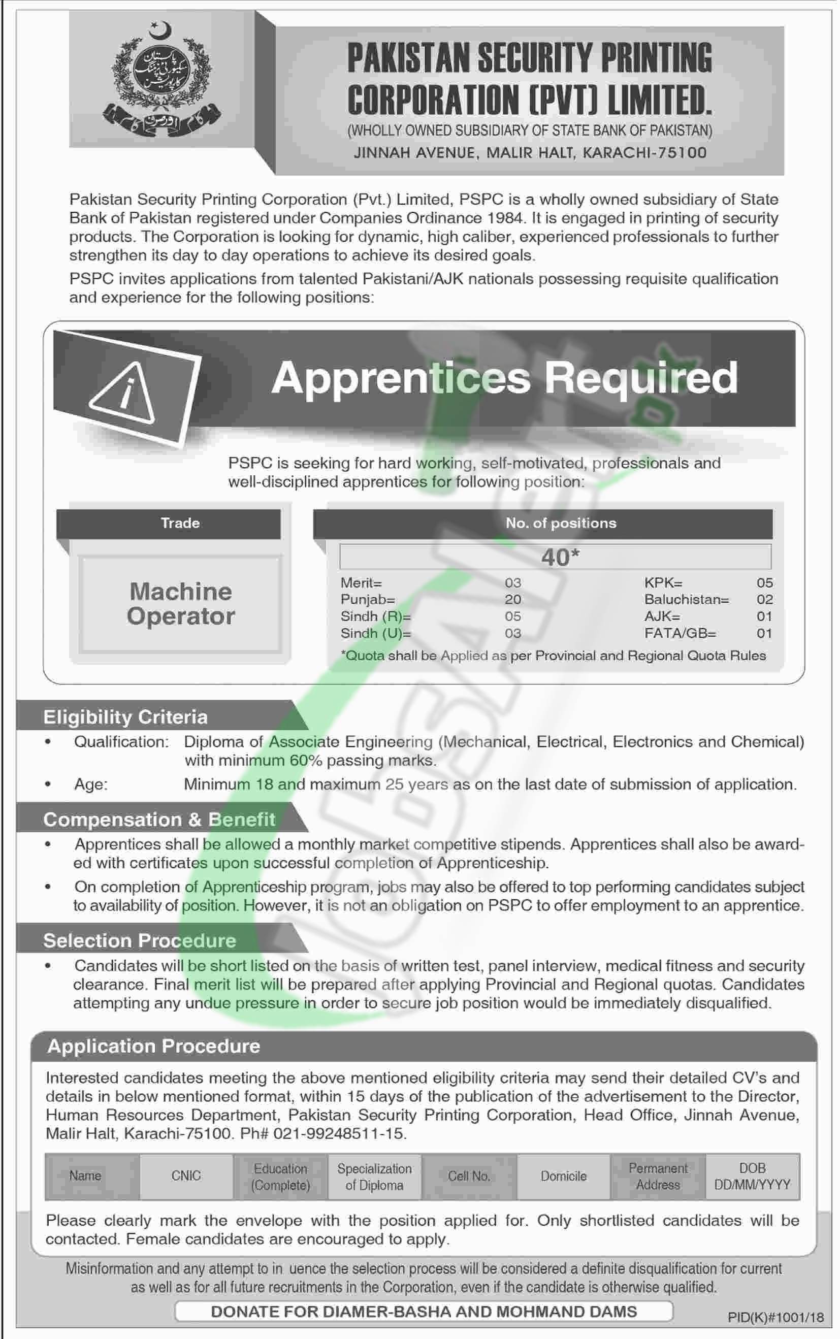 Pakistan Security Printing Corporation Apprenticeship 2018