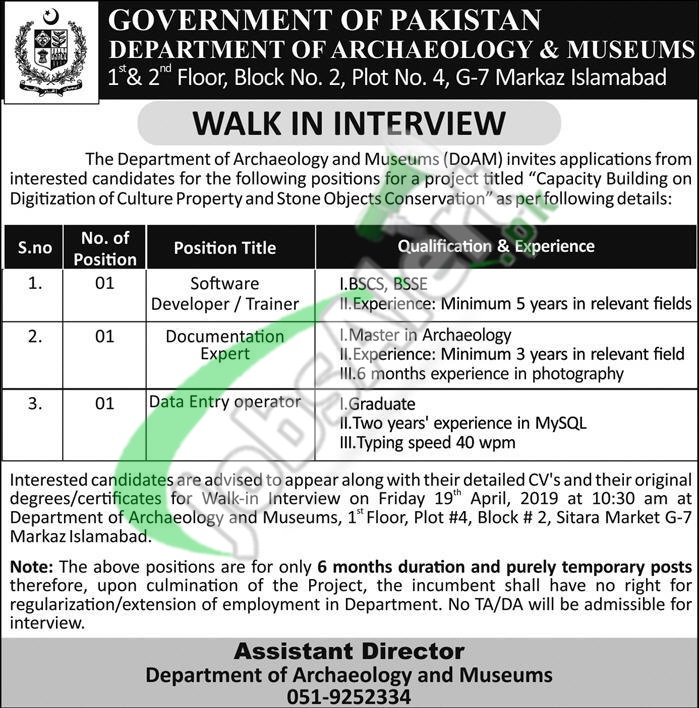 Department of Archaeology and Museums Pakistan Jobs 2019