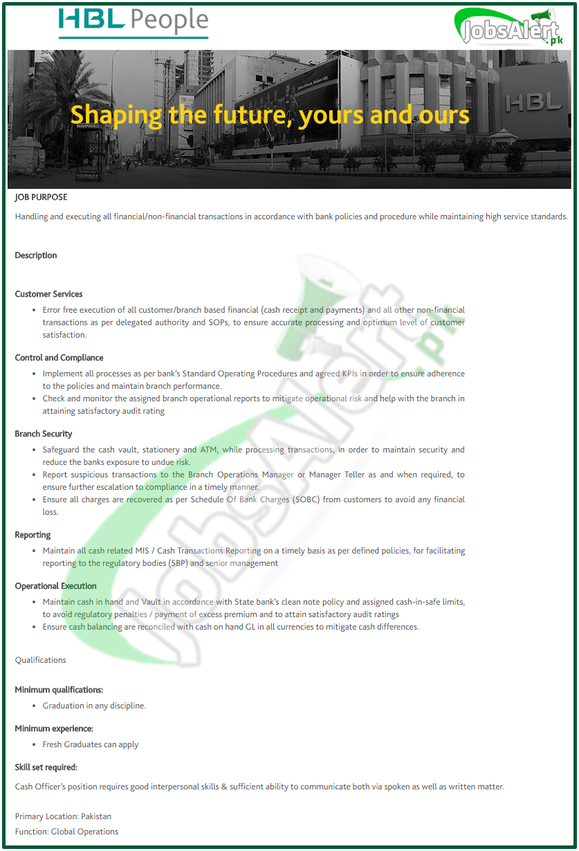 HBL Cash Officer Jobs 2021 Lahore, Karachi, Islamabad, Peshawar, Quetta