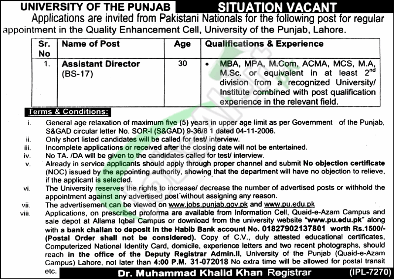 Jobs in Punjab University Lahore 2018
