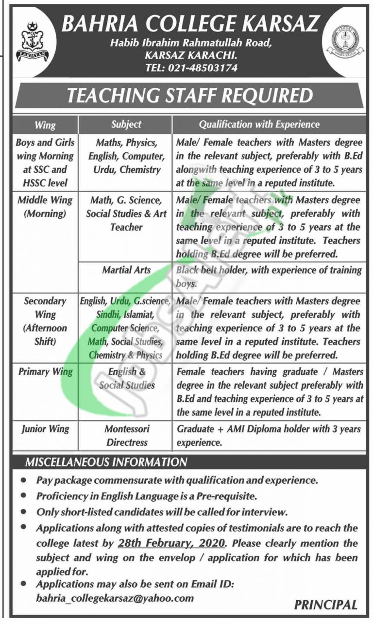 teaching-staff-jobs-in-bahria-college-karsaz-2020