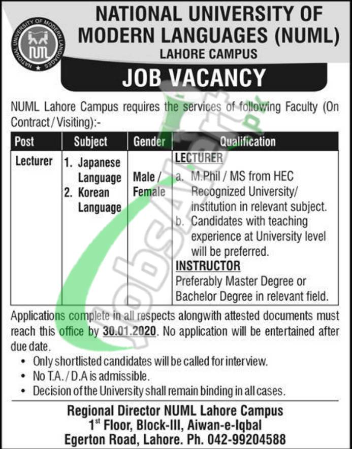 National University of Modern Languages (NUML) Job Vacancy