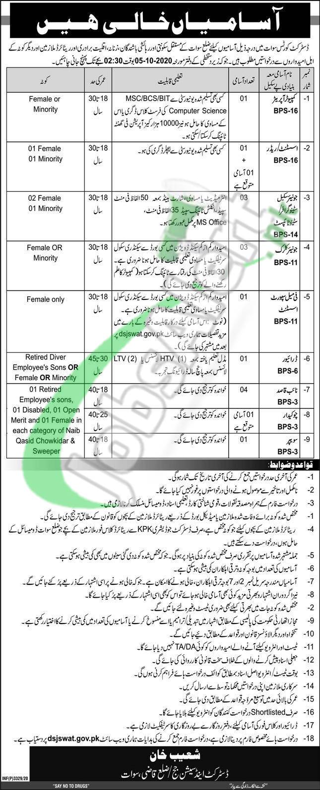 District and Session Court Zilla Qazi Swat Jobs