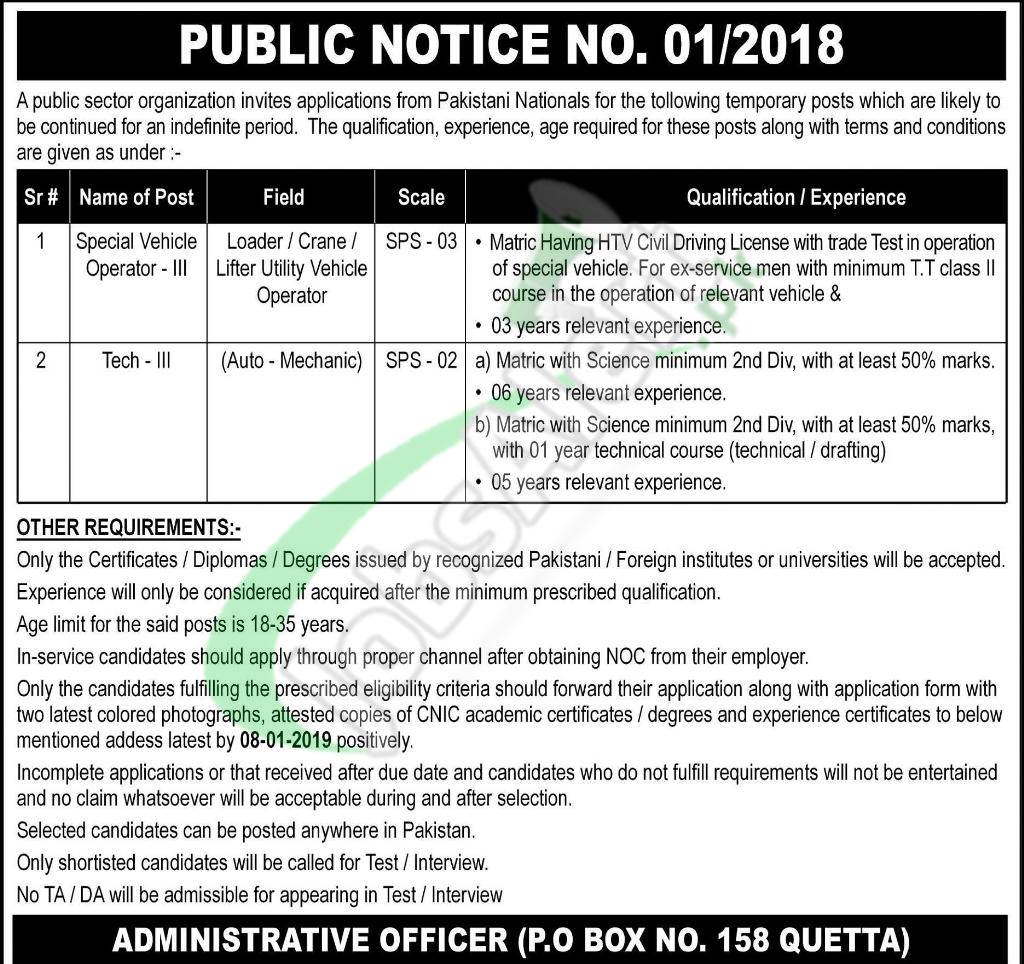 PO Box 158 Quetta Jobs