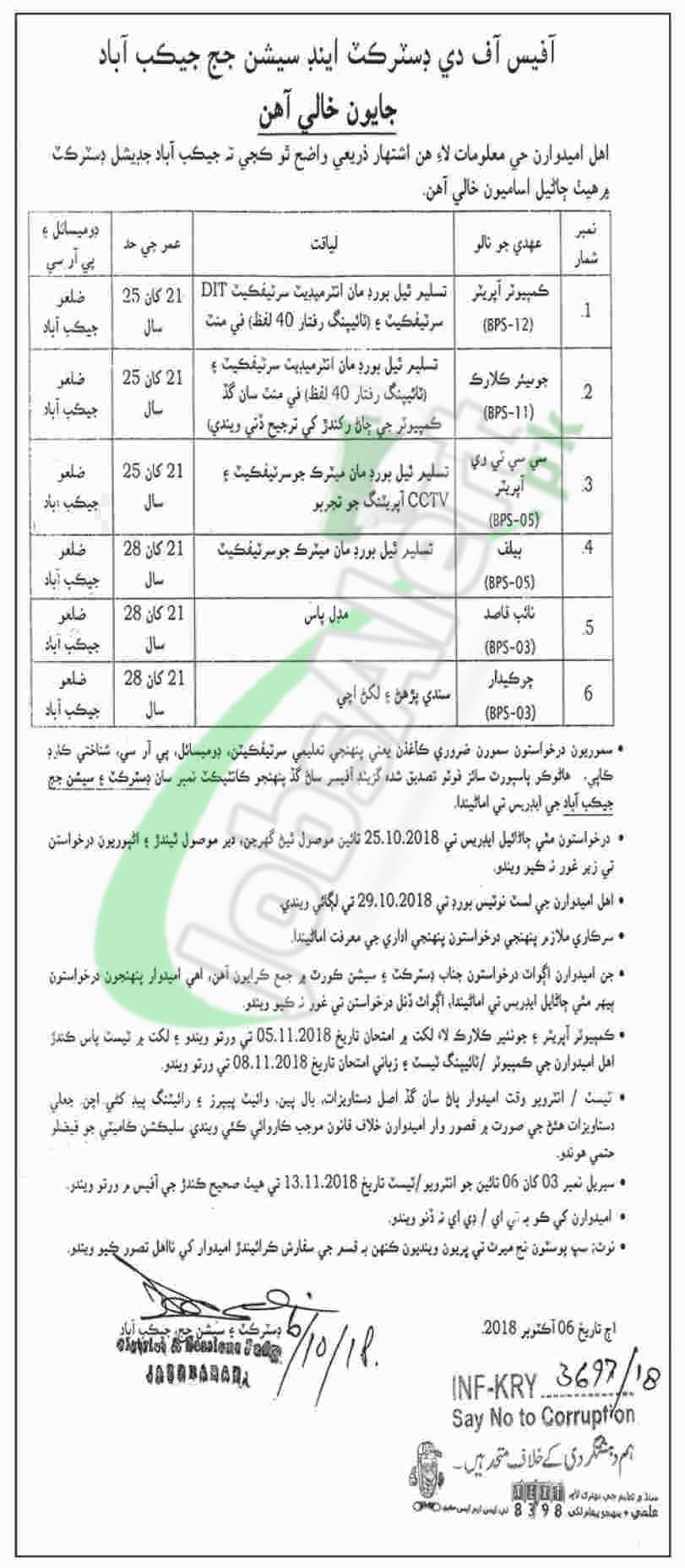 District and Session Court Jacobabad Jobs