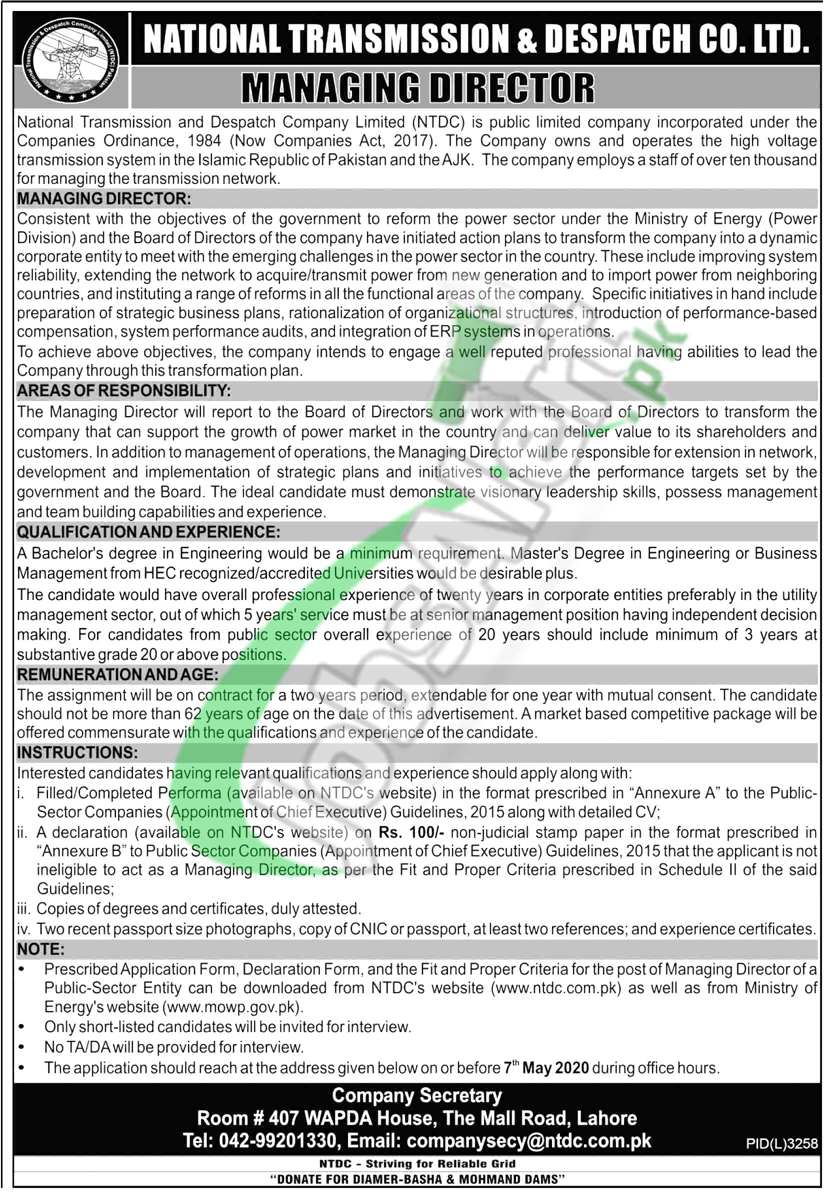 Managing Director Jobs In NTDC 2020